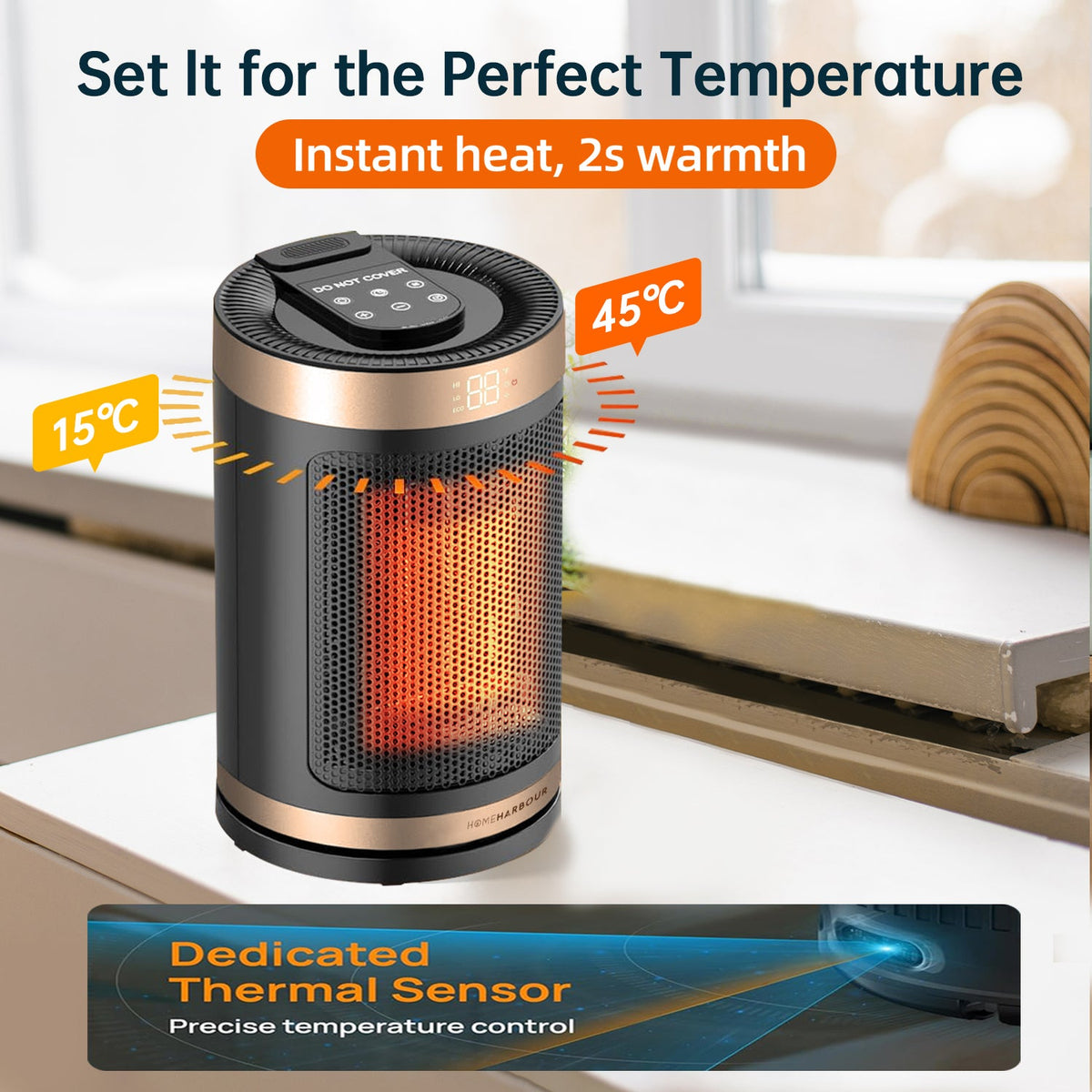 Cozy Heat 1500W Portable Ceramic Space Heater - Energy Efficient with LED Display & 15-45°C Thermostat (Gold) – View 5 UK