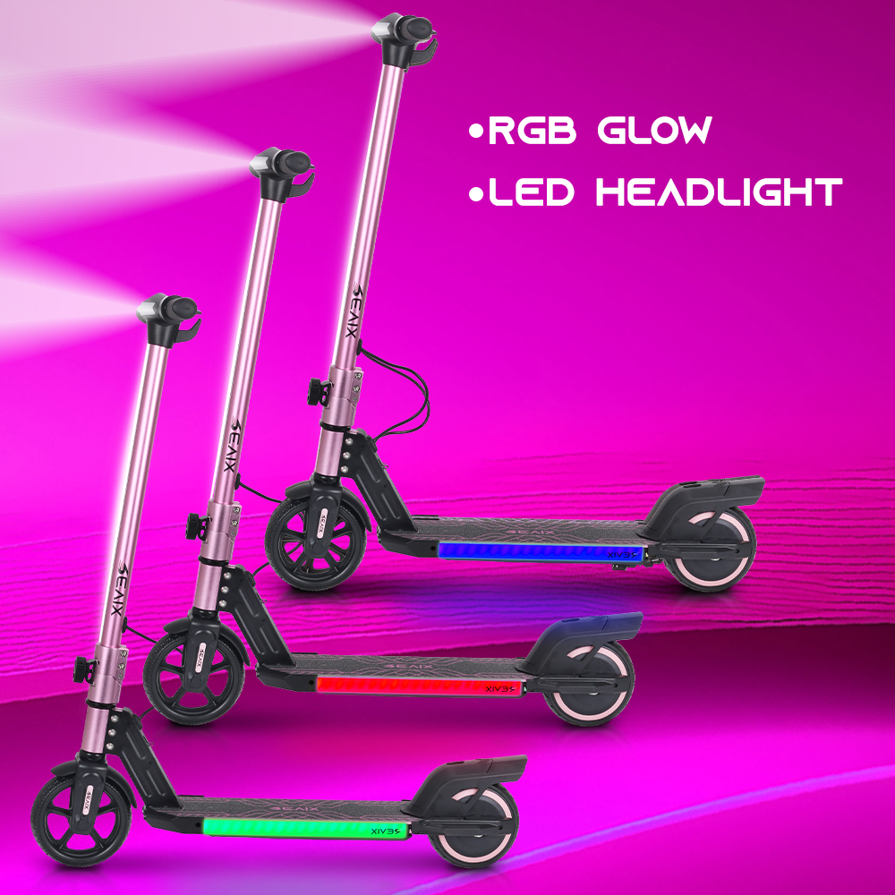 Three scooters with RGB glow and LED headlights on a pink background