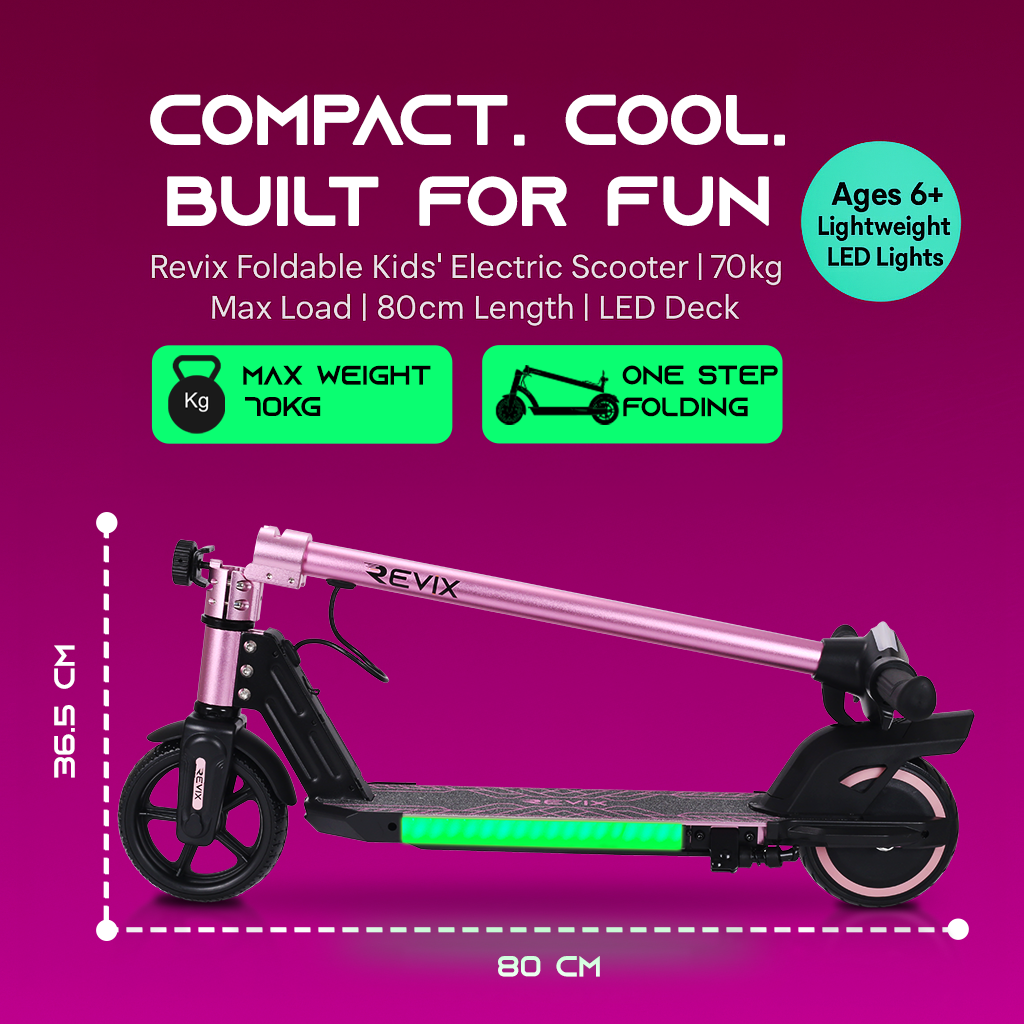 Revix foldable kids' electric scooter with specifications on a pink background
