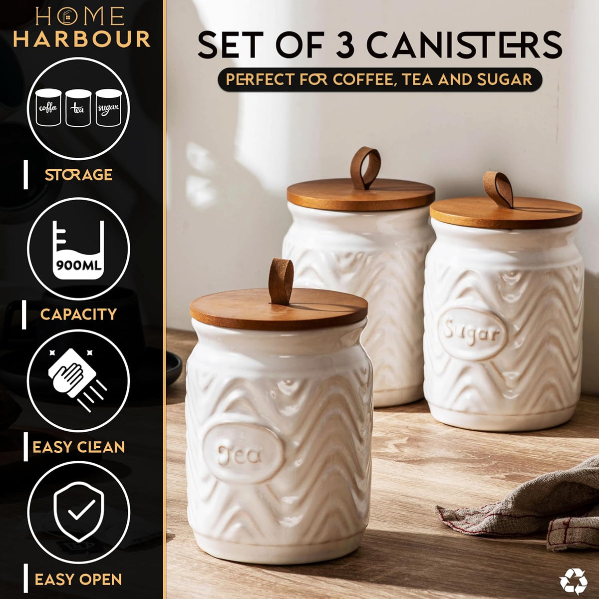 Home Harbour Clairmont Ceramic Canister Set – Tea, Coffee & Sugar Storage with Bamboo Airtight Lids – UK