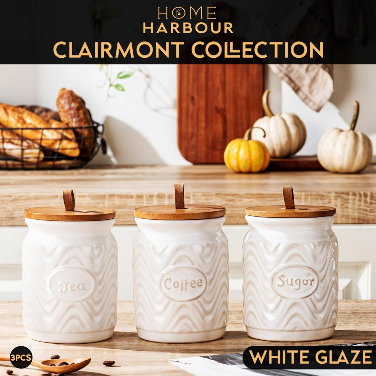 Home Harbour Clairmont Ceramic Canister Set – Tea, Coffee & Sugar Storage with Bamboo Airtight Lids – UK