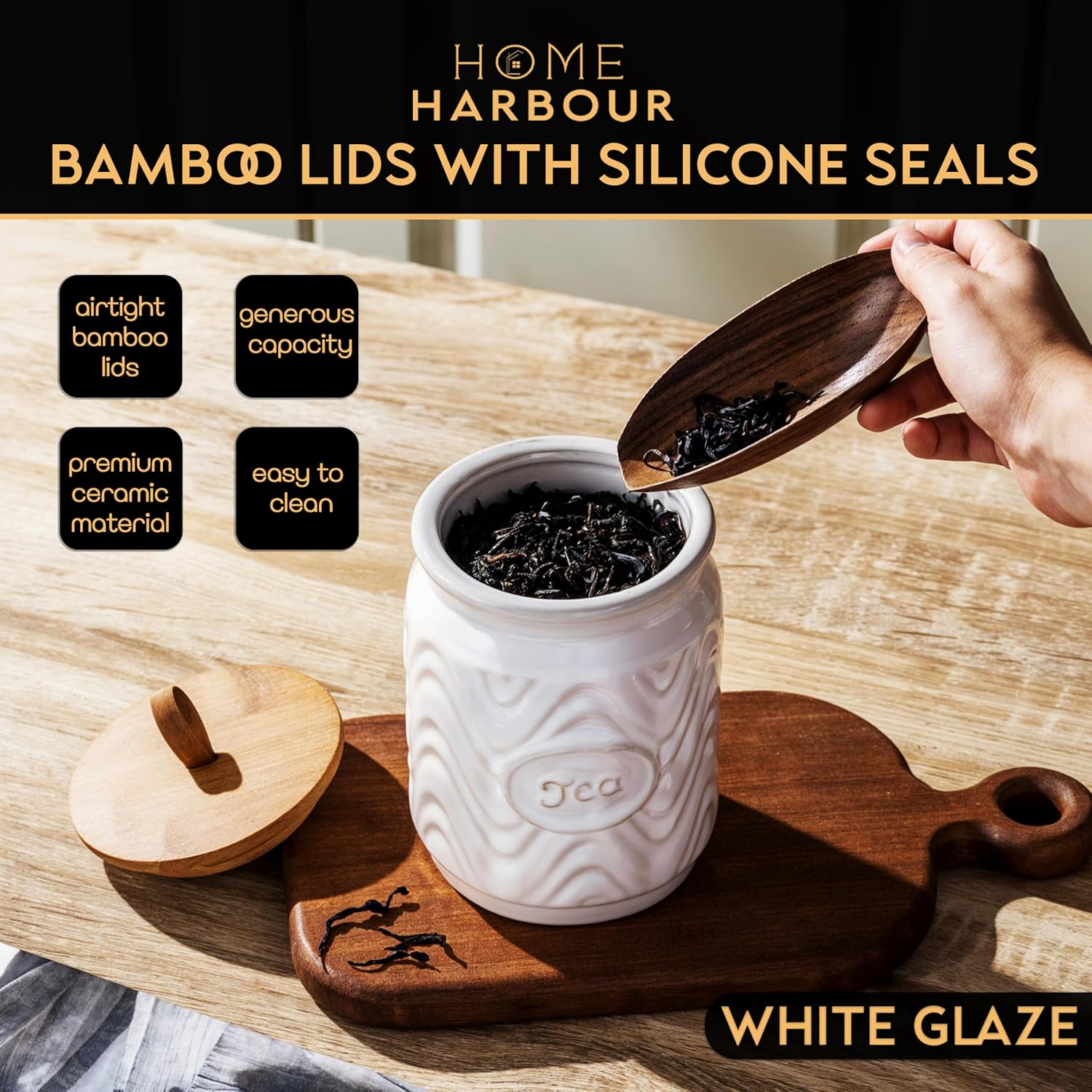 Home Harbour Clairmont Ceramic Canister Set – Tea, Coffee & Sugar Storage with Bamboo Airtight Lids – UK