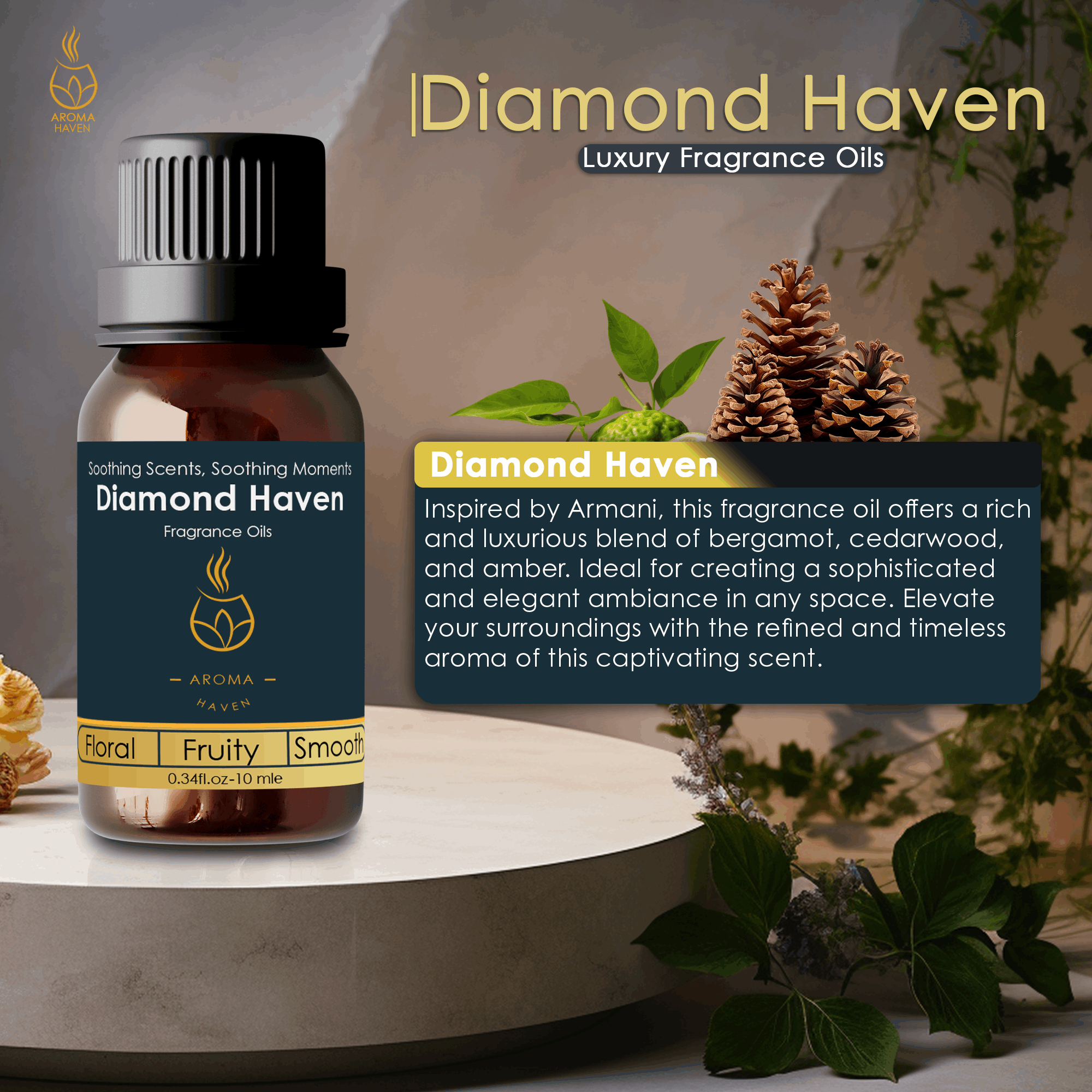 Diamond Haven fragrance oil for women, inspired by Armani, with bergamot, cedarwood, amber scents, perfect for diffusers.