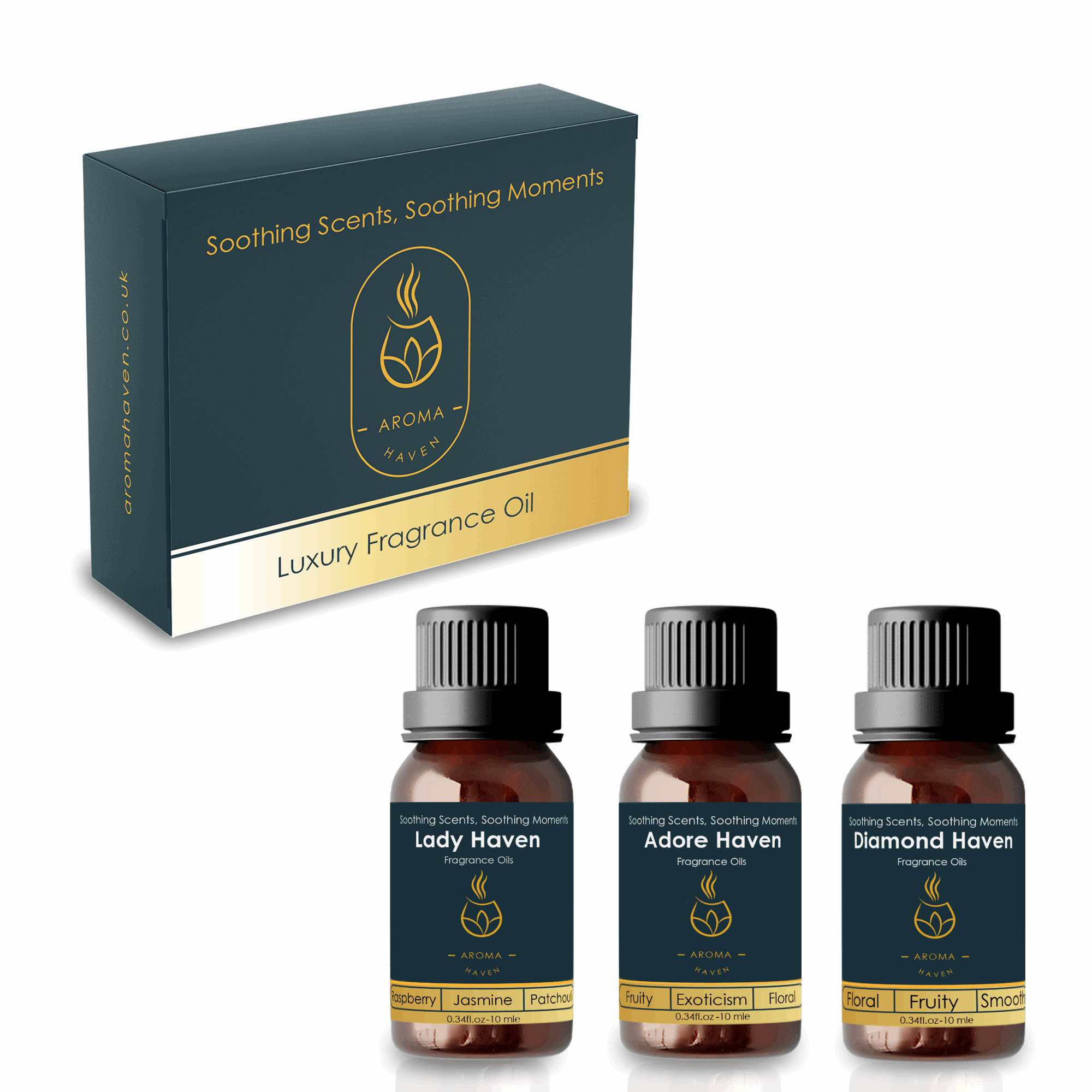 Aroma Haven women's set of three fragrance oils: Lady Haven, Adore Haven, Diamond Haven, ideal for diffuser and plug-in warmer.