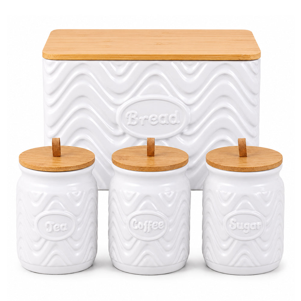 Home Harbour Clairmont Ceramic Canister Set – Tea, Coffee & Sugar Storage with Bamboo Airtight Lids