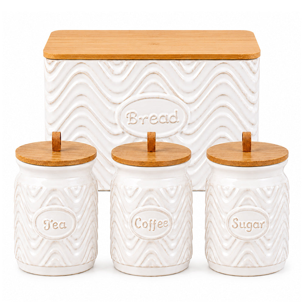 Home Harbour Clairmont ceramic canister set with airtight bamboo lids for tea, coffee and sugar