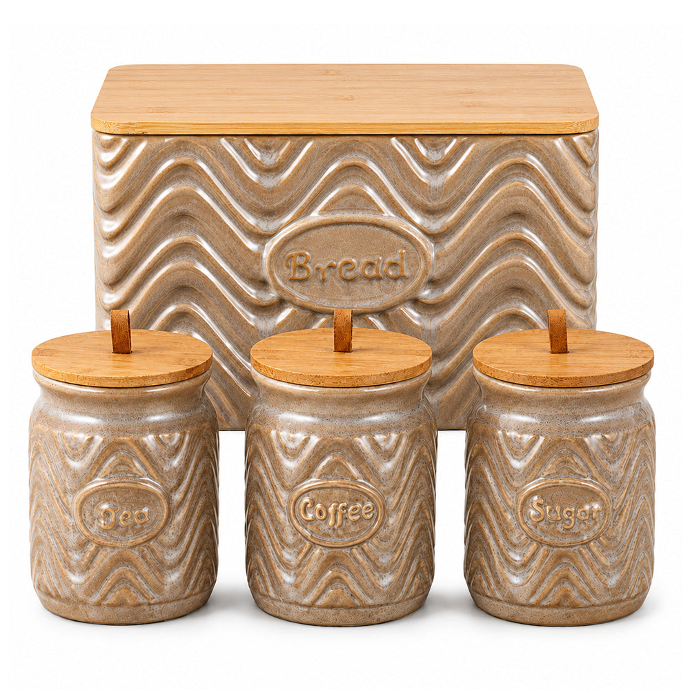 Home Harbour Clairmont Ceramic Canister Set – Tea, Coffee & Sugar Storage with Bamboo Airtight Lids