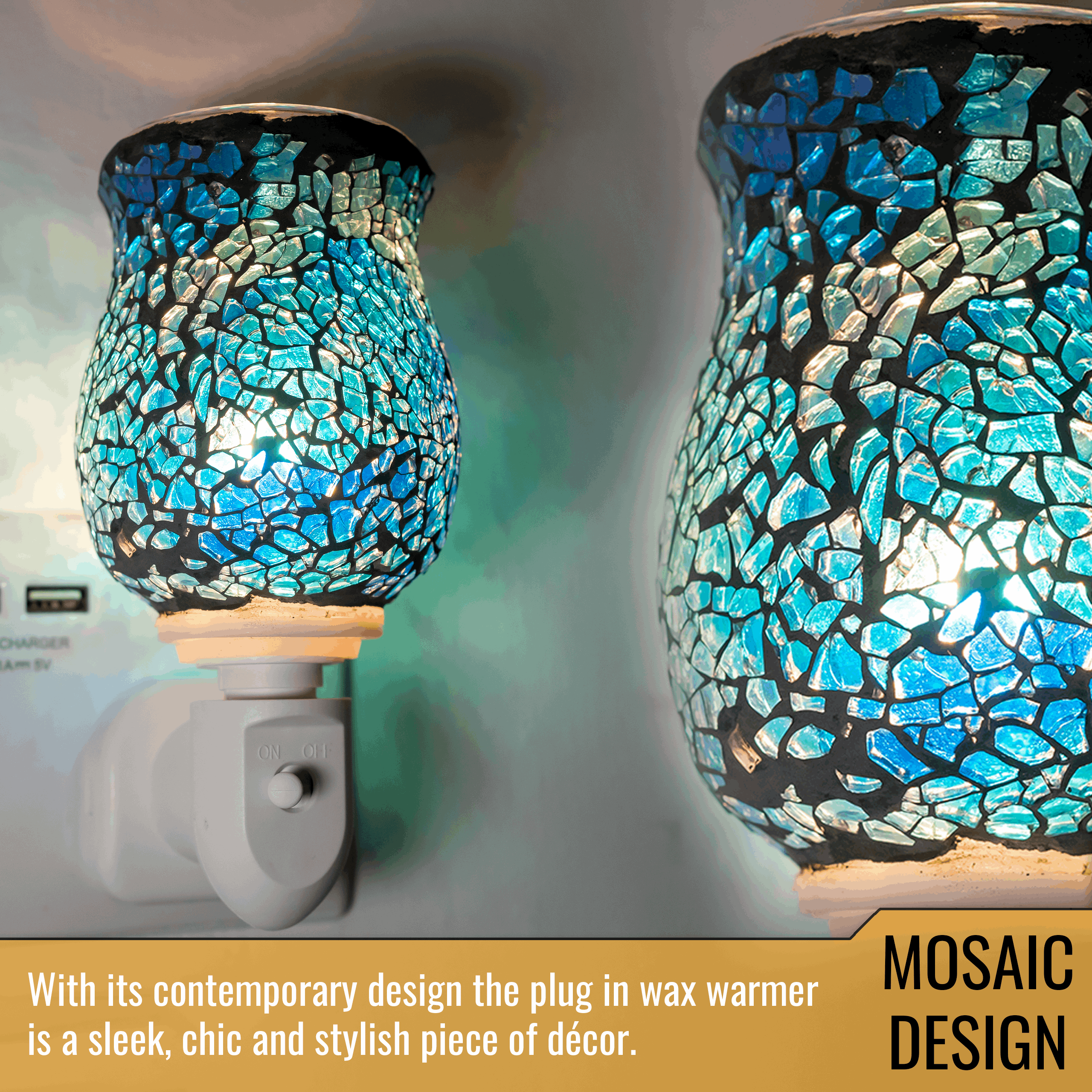 Stylish blue mosaic design plug-in wax warmer for home fragrance and décor.