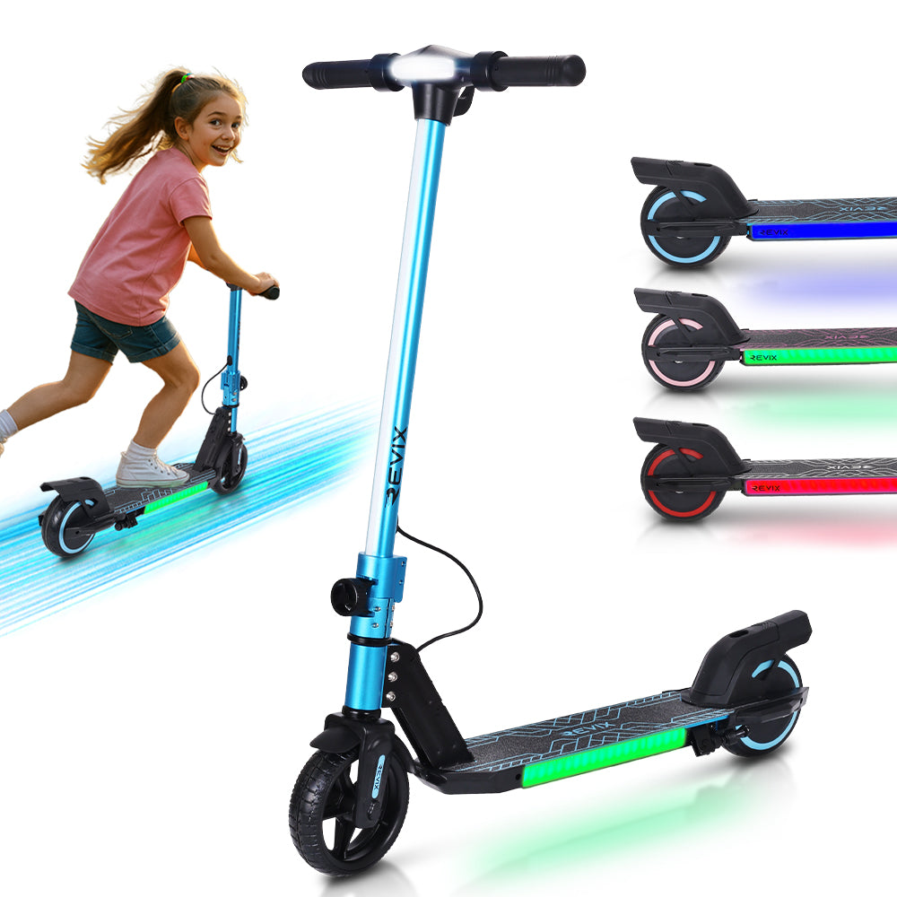 Children's electric scooter with colorful lights, including a girl riding it and close-up views.