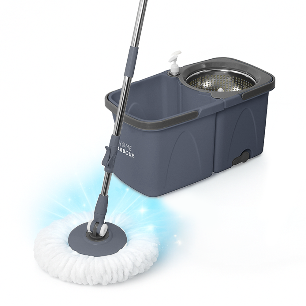 Home Harbour Turbo Power Spin Mop & Bucket – Dual Water System, 360° Stainless Steel Wringer – UK
