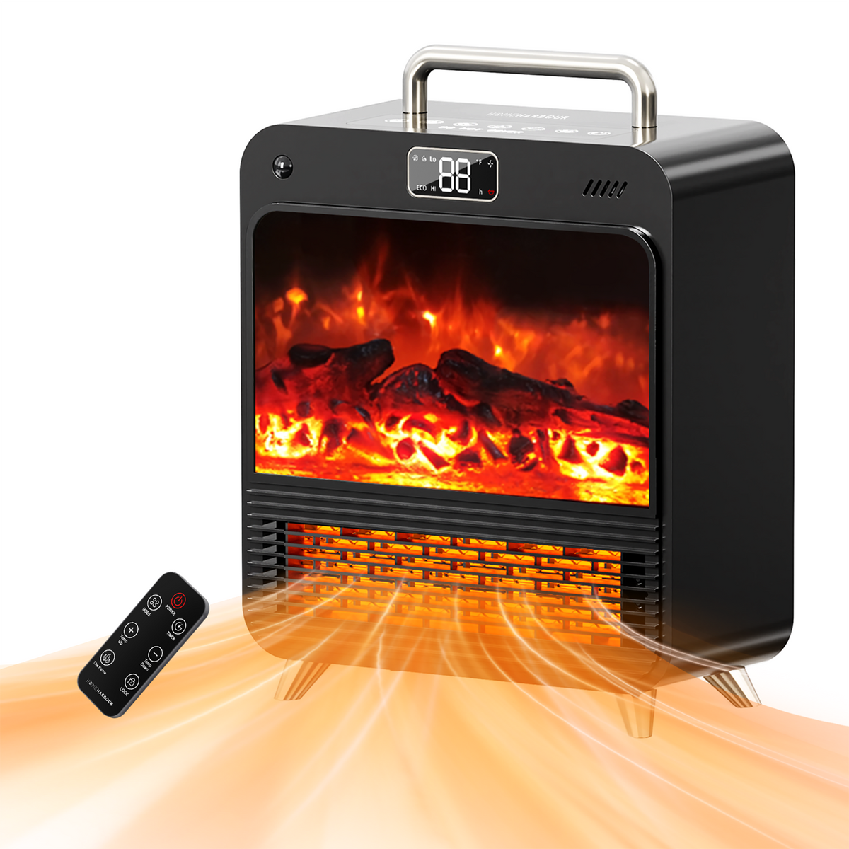 Black electric fireplace heater with digital display and remote control on a white background