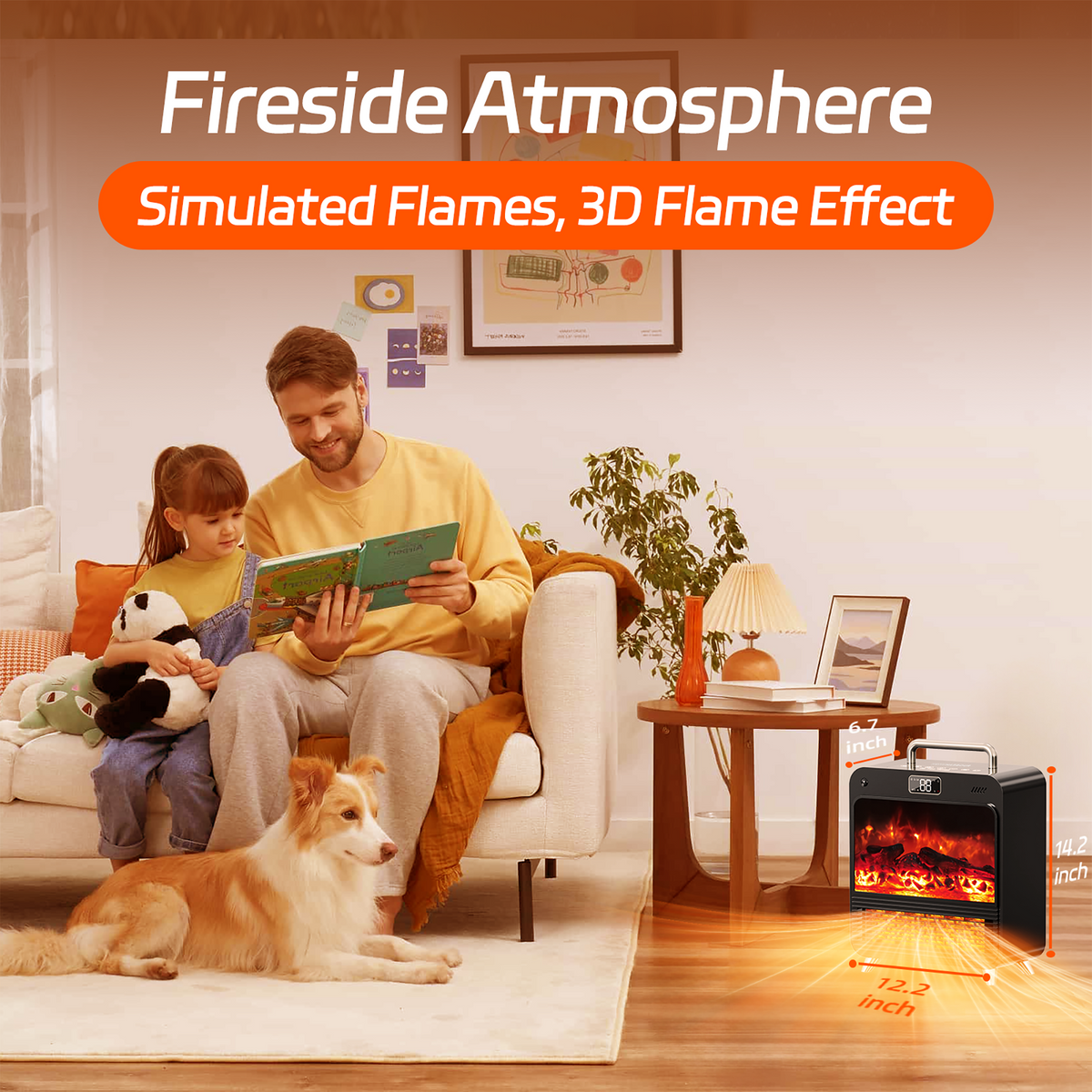 Man and child reading a book with a dog on a couch, fireplace in the corner, text 'Fireside Atmosphere' and 'Simulated Flames, 3D Flame Effect'.