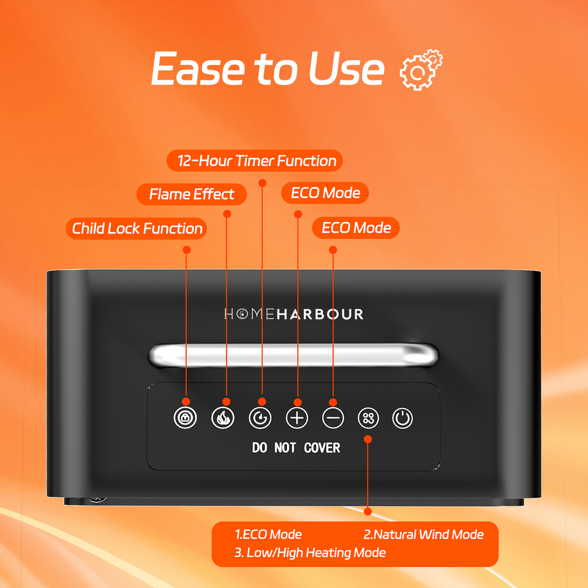 Black electronic device with control panel on an orange background, featuring the brand 'Home Harbour'.