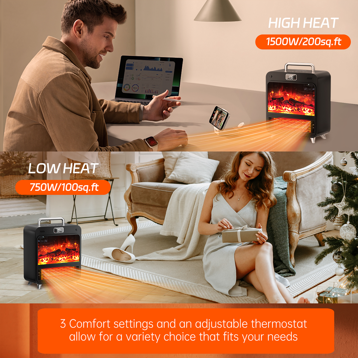 Two scenes showing a person using a digital tablet with a portable electric fireplace and a woman reading a book in a cozy living room with a fireplace.