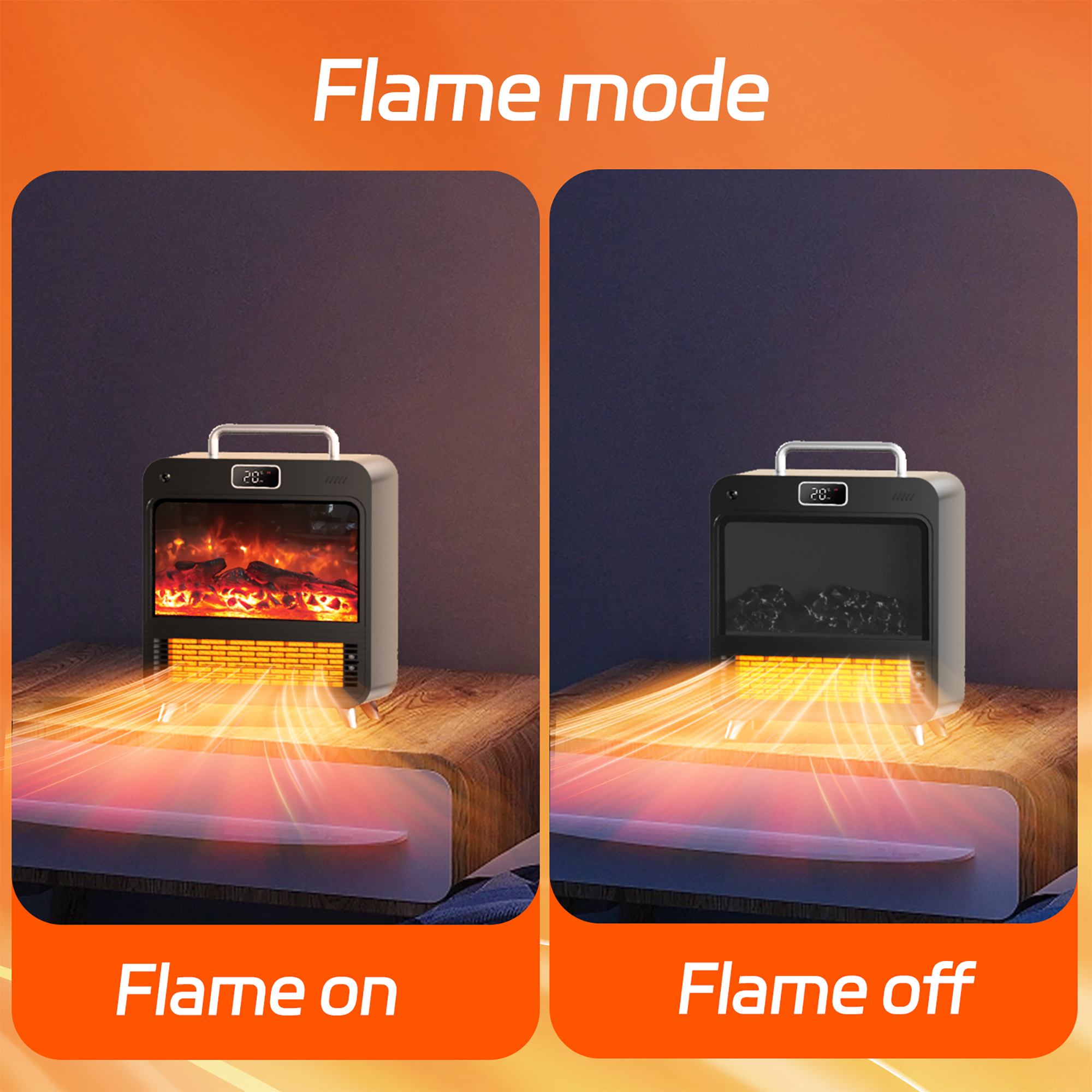 Two views of a portable heater labeled 'Flame on' and 'Flame off' with an orange border.