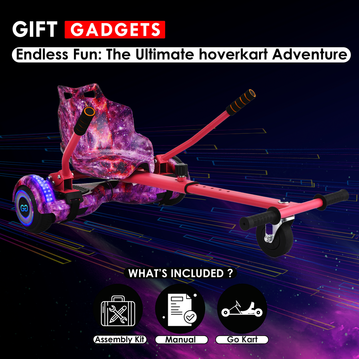 Gift Gadgets pink hoverkart with galaxy seat, displaying kit contents including assembly tools and manual.