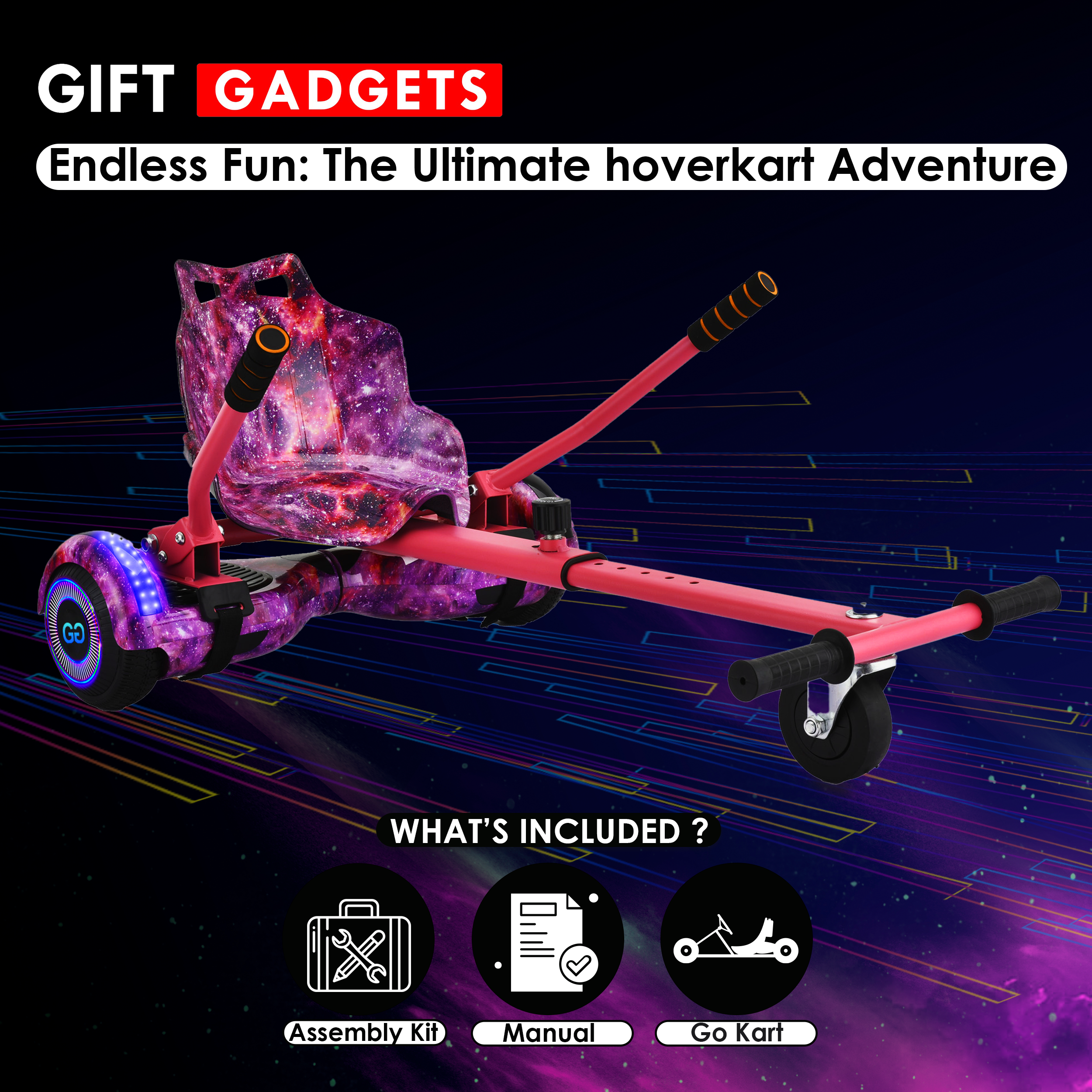 Gift Gadgets pink hoverkart with galaxy seat, displaying kit contents including assembly tools and manual.