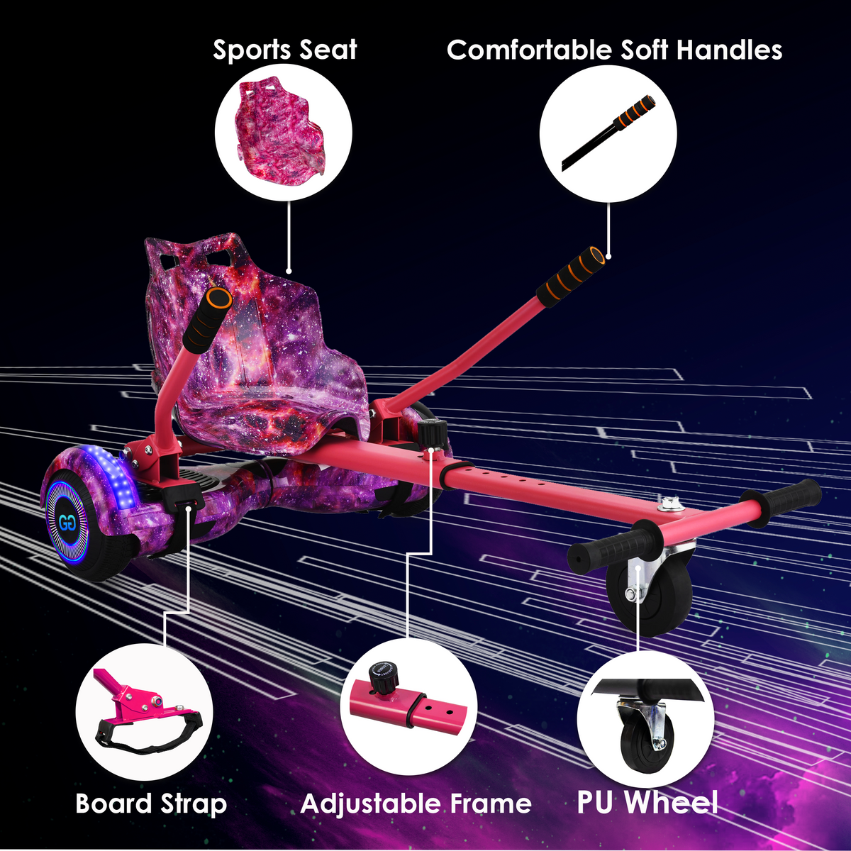 Galaxy-themed sports seat on a pink hoverkart frame with comfortable handles and LED wheel lights.