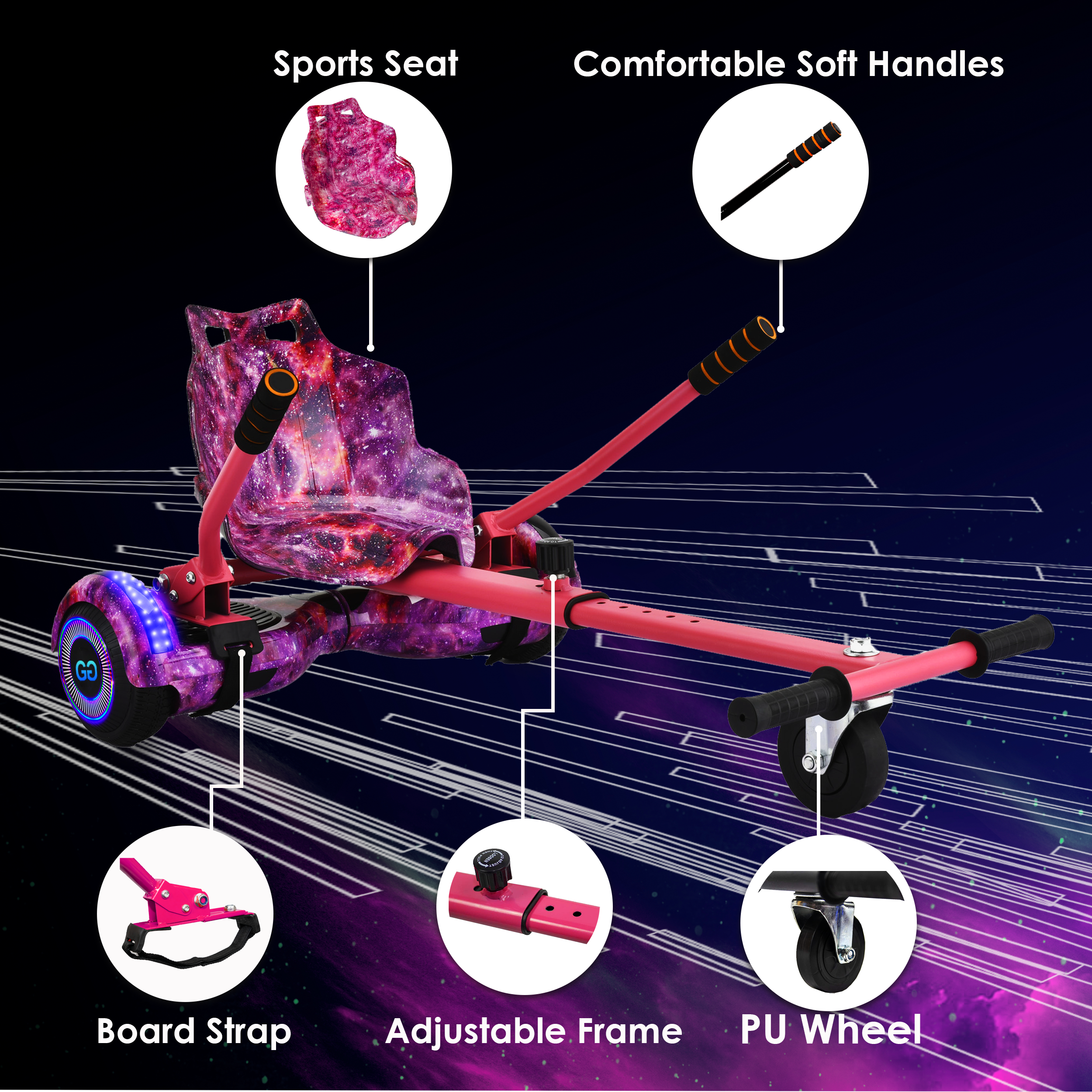 Galaxy-themed sports seat on a pink hoverkart frame with comfortable handles and LED wheel lights.