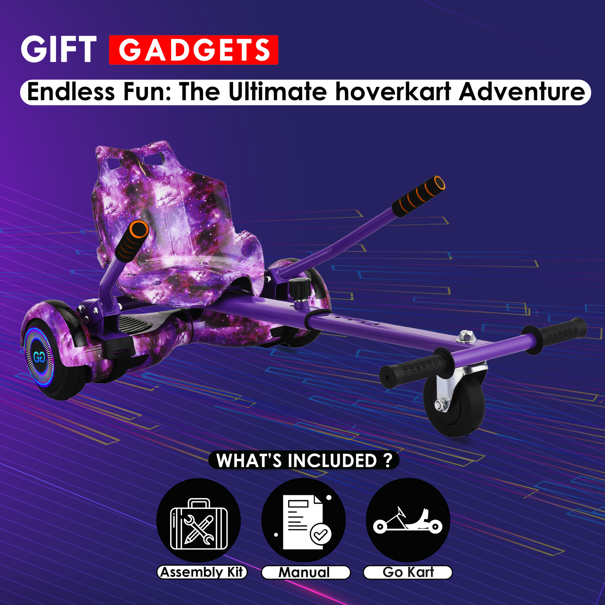 Hoverkart kit in purple with assembly tools, user manual, and galaxy print sports seat for DIY enthusiasts.