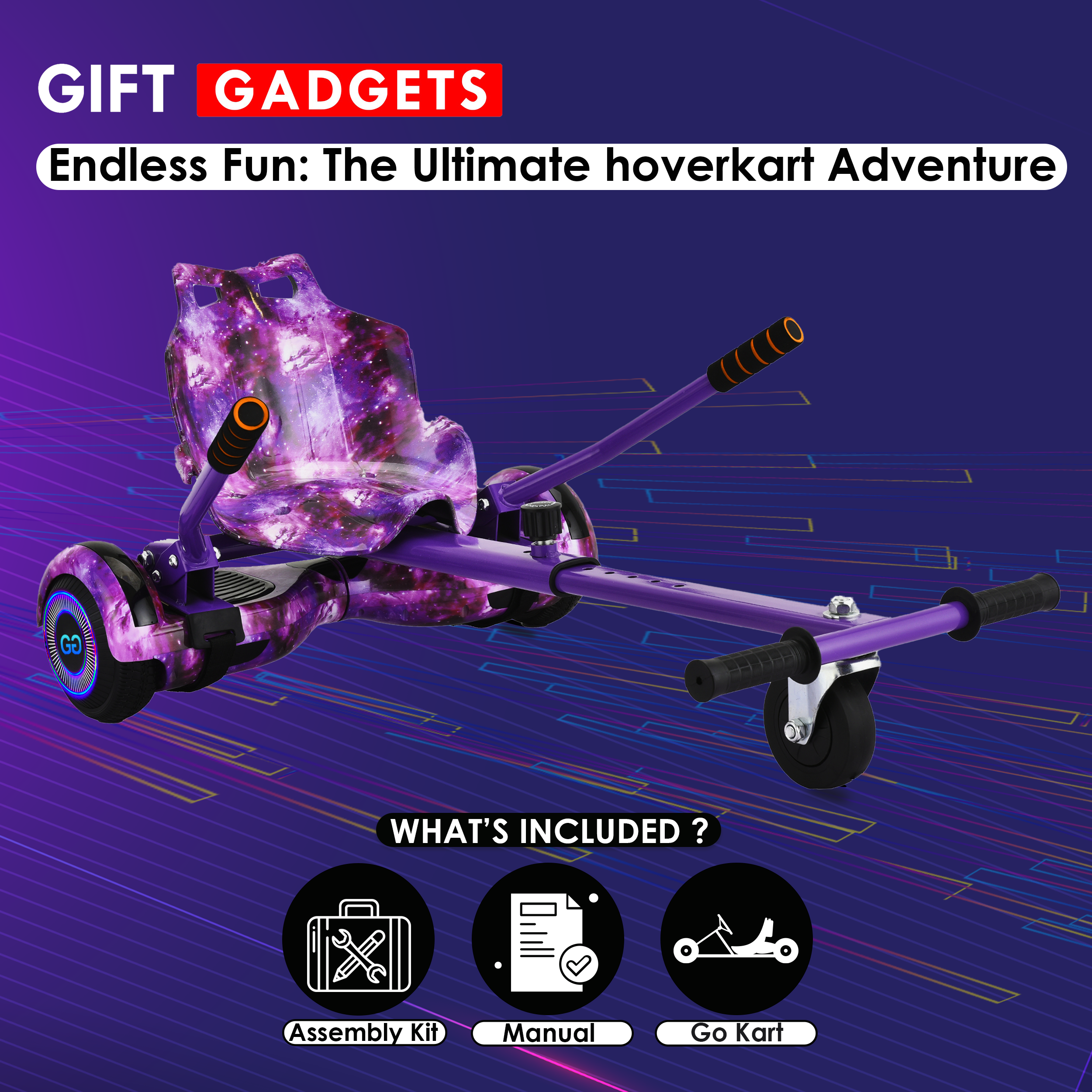 Hoverkart kit in purple with assembly tools, user manual, and galaxy print sports seat for DIY enthusiasts.