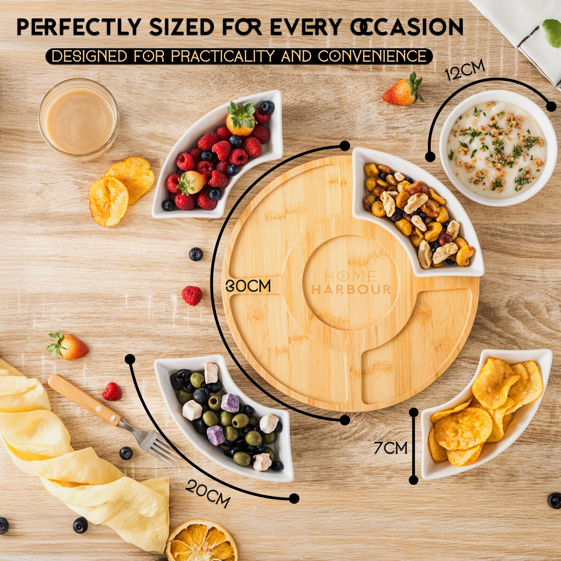 Home Harbour 5-Section Rotating Serving Platter – Ceramic Bowls on Bamboo Lazy Susan – Lifestyle UK