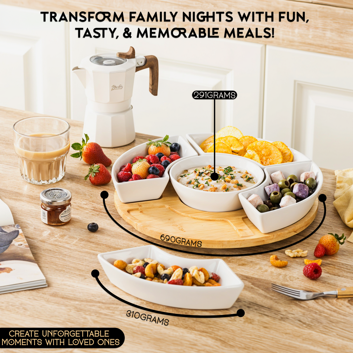 Home Harbour 5-Section Rotating Serving Platter – Ceramic Bowls on Bamboo Lazy Susan – Lifestyle UK