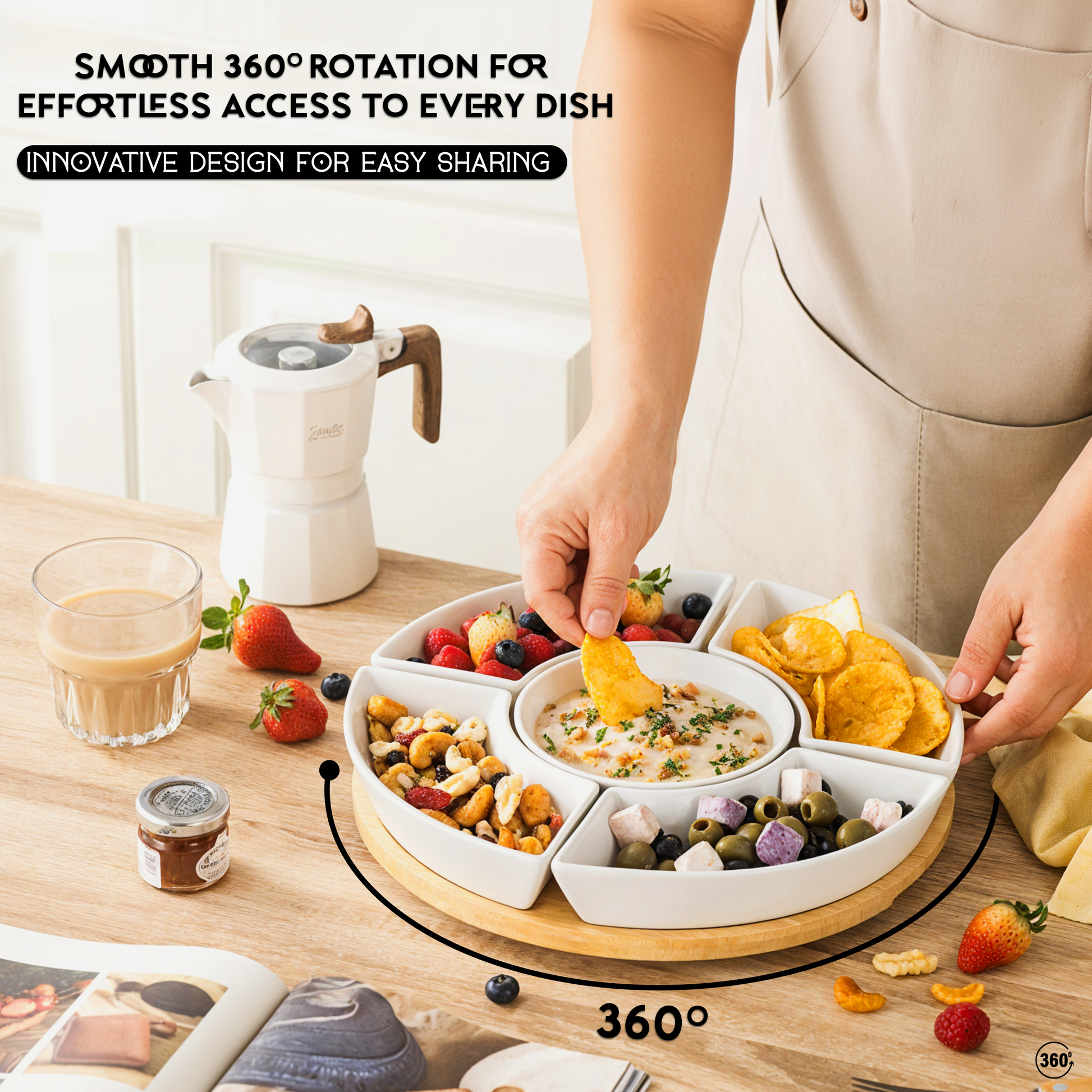 Home Harbour 5-Section Rotating Serving Platter – Ceramic Bowls on Bamboo Lazy Susan – Lifestyle UK