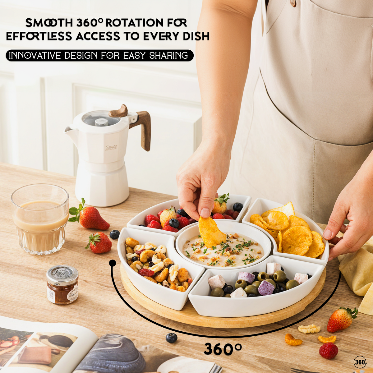 Home Harbour 5-Section Rotating Serving Platter – Ceramic Bowls on Bamboo Lazy Susan – Lifestyle UK