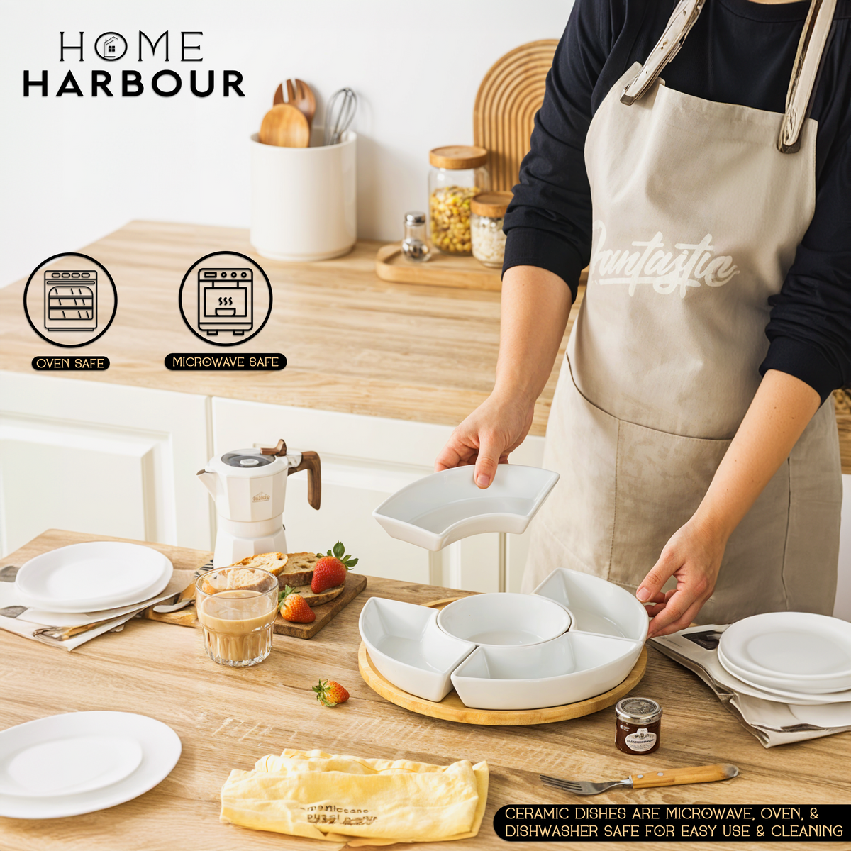 Home Harbour 5-Section Rotating Serving Platter – Ceramic Bowls on Bamboo Lazy Susan – Lifestyle View 11 UK
