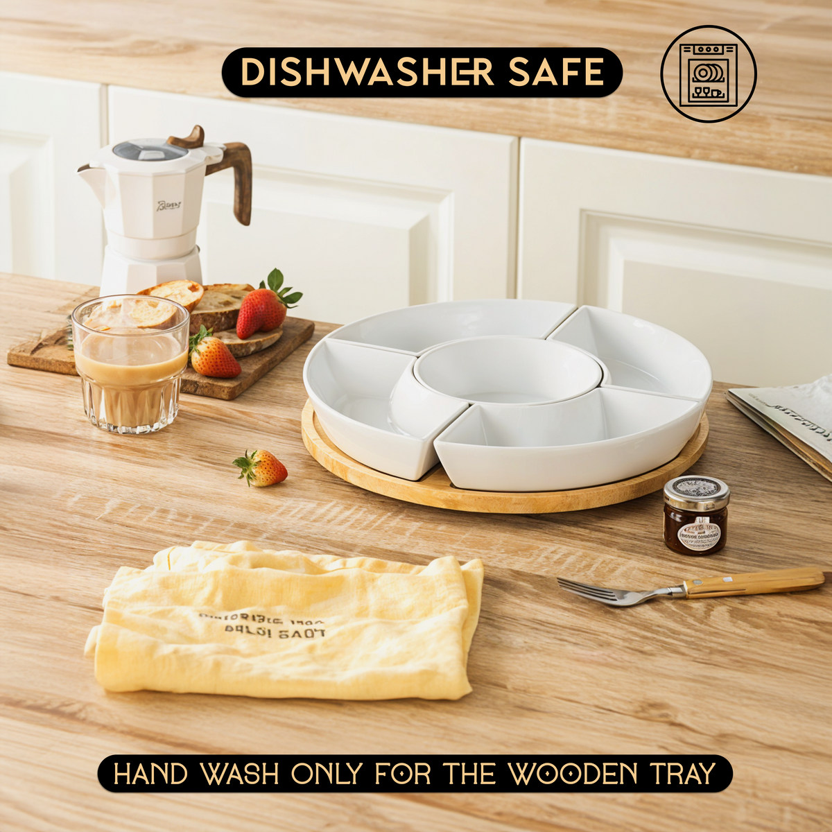 Home Harbour 5-Section Rotating Serving Platter – Ceramic Bowls on Bamboo Lazy Susan – Lifestyle View 5 UK