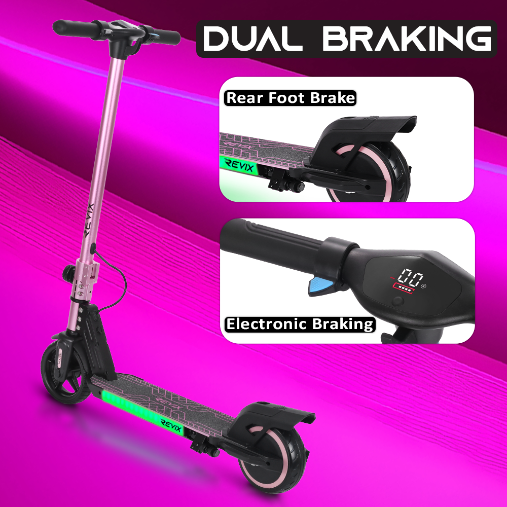 Electric scooter with dual braking system on a pink background