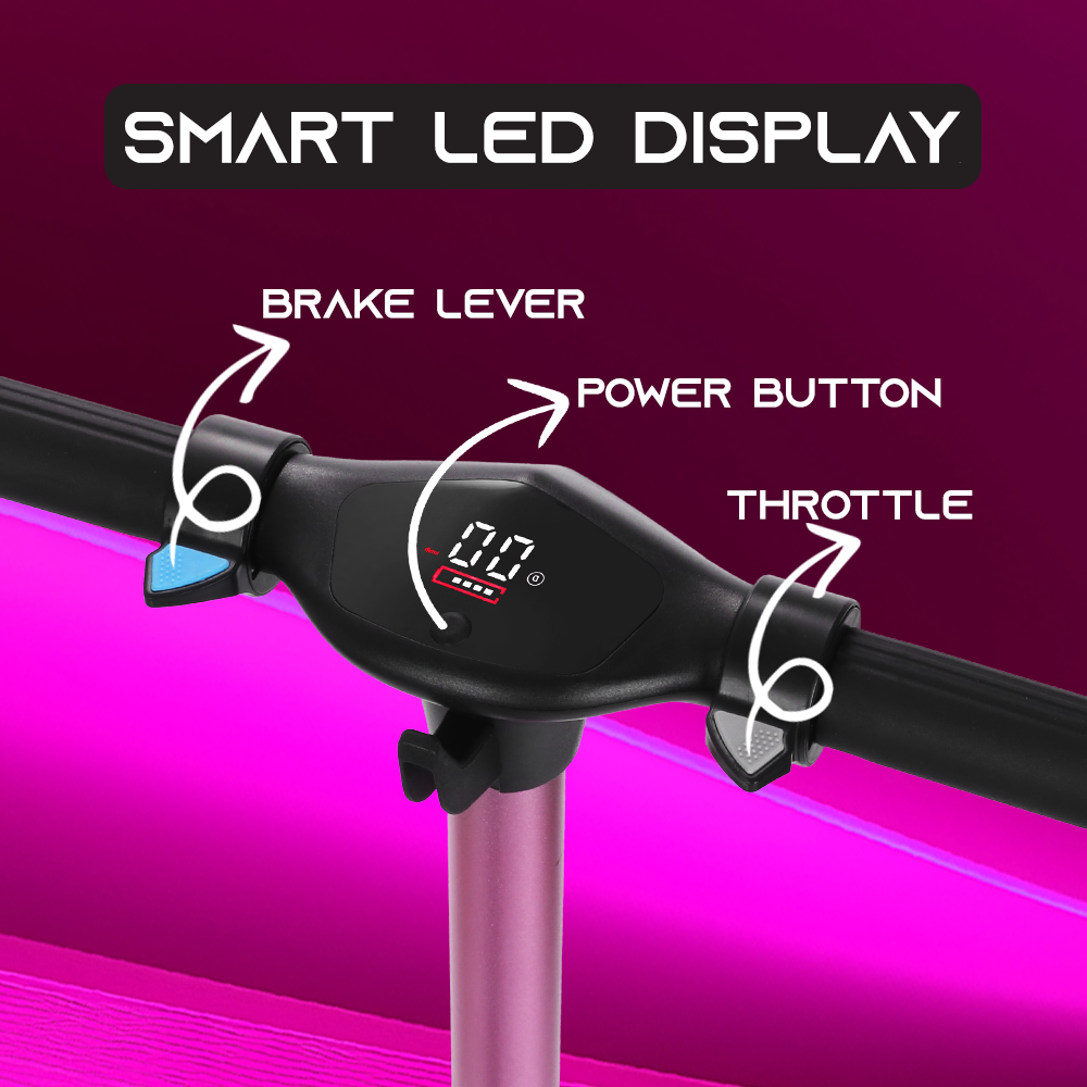 Smart LED display on a scooter handlebar with labeled components against a pink and dark pink gradient background.