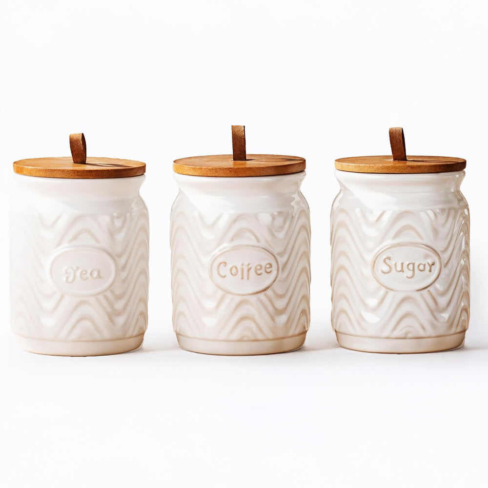 Home Harbour Clairmont Ceramic Canister Set – Tea, Coffee & Sugar Storage with Bamboo Airtight Lids – UK