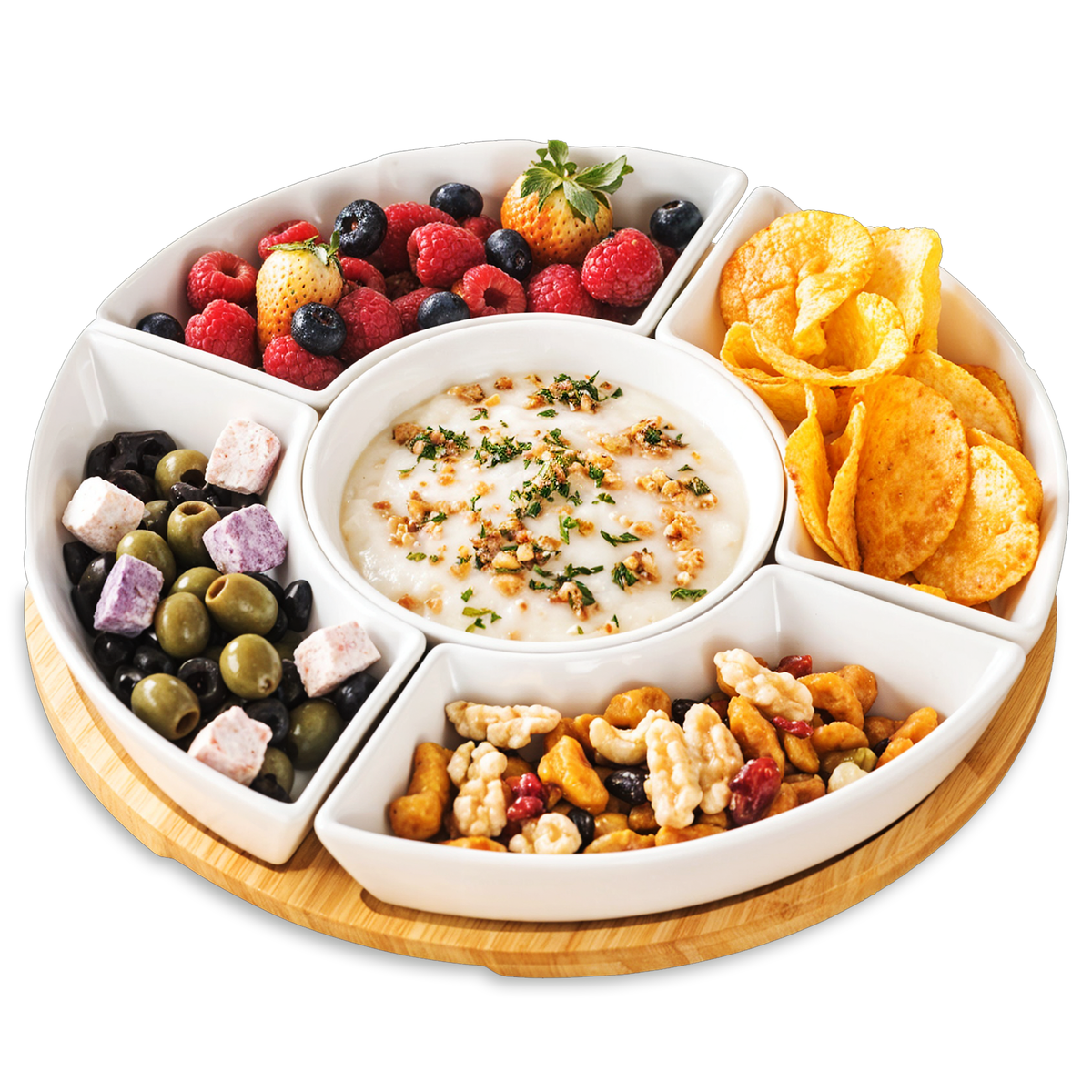 Home Harbour 5-Section Rotating Serving Platter – Ceramic Bowls on Bamboo Lazy Susan – White Background UK