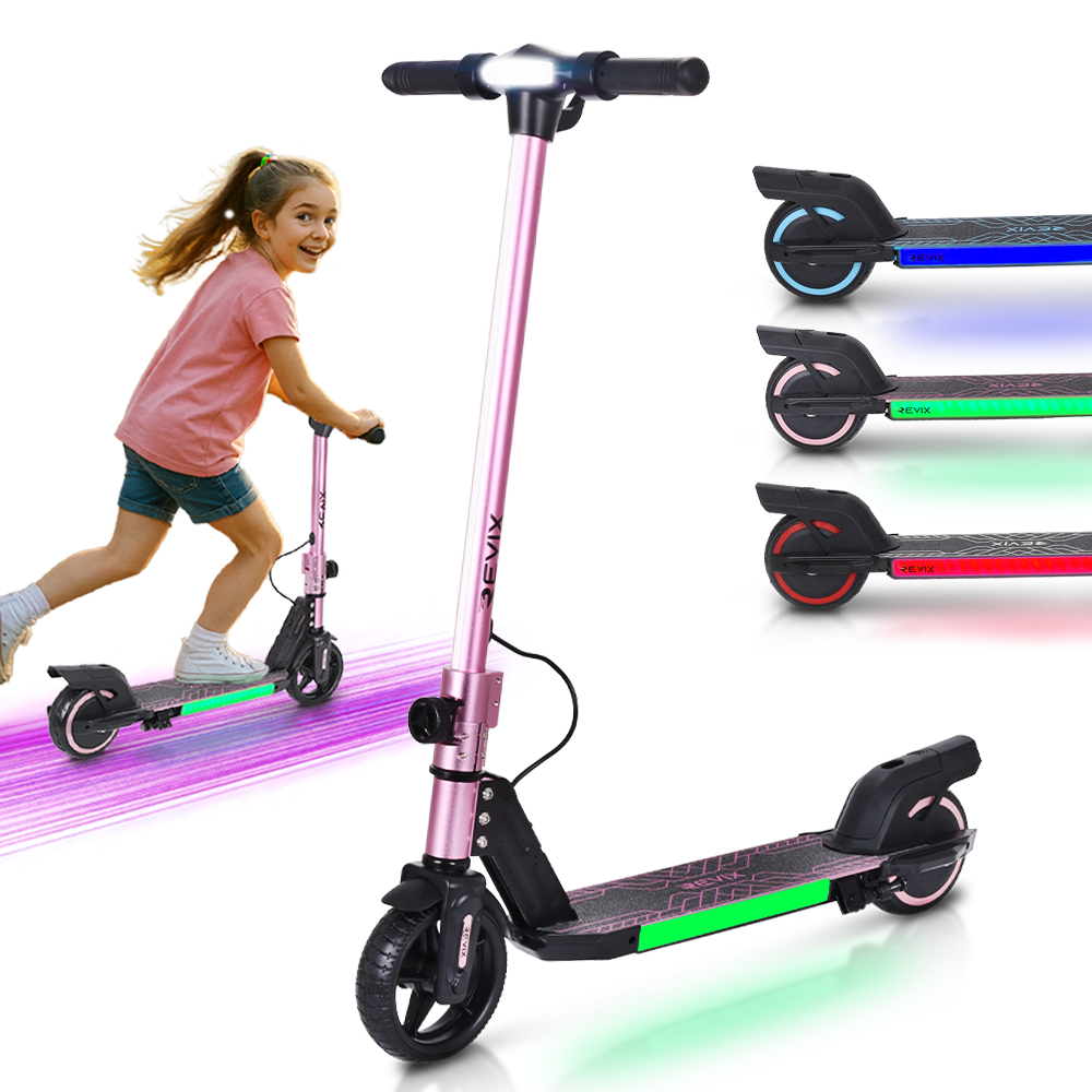 Pink scooter with colorful lights on a white background, with a girl riding another scooter.